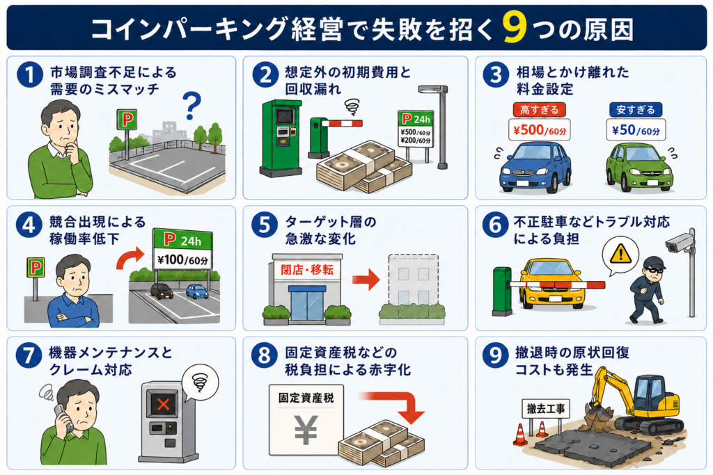 Illustrated diagram explaining causes of coin parking business failure including demand mismatch, initial costs, pricing, competition, and tax burden