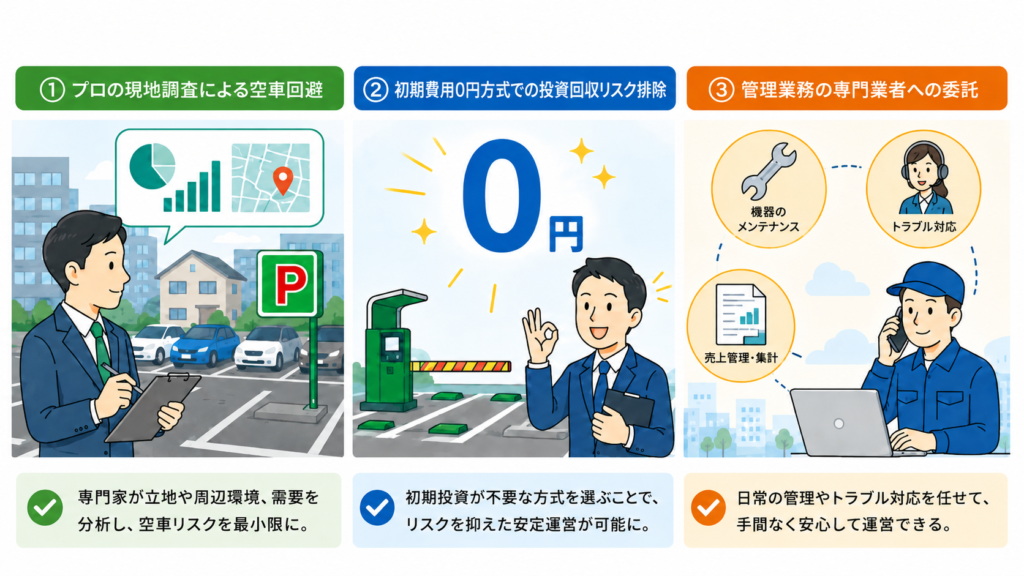コインパーキング経営で空車回避・初期費用0円・管理委託を図解した画像